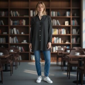 Liz Claiborne Collection Women's Small Navy Pinstripe Button Front Blouse Chic